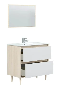 Meuble sous vasque en panneaux de particules mélaminés coloris chêne avec miroir - Longueur 80 x Profondeur 45 x Hauteur 80 cm