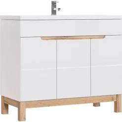 Meuble sous vasque ERMANO Chene clair et blanc brillant 100x84 cm 3 portes À poser