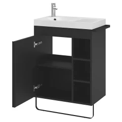 Meuble sous vasque faible profondeur à poser avec porte-serviettes noir l.65 x H.82 x P.36 cm, GoodHome Maza