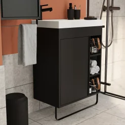Meuble sous vasque faible profondeur à poser avec porte-serviettes noir l.65 x H.82 x P.36 cm, GoodHome Maza
