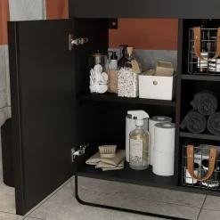 Meuble sous vasque faible profondeur à poser avec porte-serviettes noir l.65 x H.82 x P.36 cm, GoodHome Maza
