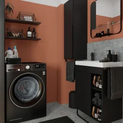 Meuble sous vasque faible profondeur à poser avec porte-serviettes noir l.65 x H.82 x P.36 cm, GoodHome Maza