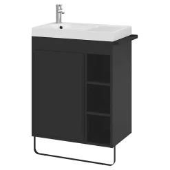 Meuble sous vasque faible profondeur à poser avec porte-serviettes noir l.65 x H.82 x P.36 cm, GoodHome Maza