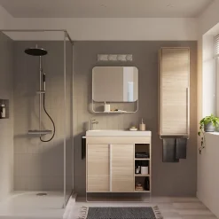 Meuble sous vasque faible profondeur à poser avec porte-serviettes effet bois l.85 x H.82 x P.36 cm, GoodHome Maza