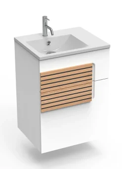 Meuble sous vasque faible largeur l.55 cm 1 tiroir blanc mat + plan vasque en Céramyl®, Decotec Archi