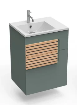 Meuble sous vasque faible largeur l.55 cm 1 tiroir vert toundra + plan vasque en Céramyl®, Decotec Archi