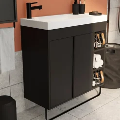 Meuble sous vasque faible profondeur à poser avec porte-serviettes noir l.85 x H.82 x P.36 cm, GoodHome Maza