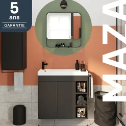 Meuble sous vasque faible profondeur à poser avec porte-serviettes noir l.85 x H.82 x P.36 cm, GoodHome Maza