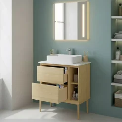 Meuble sous vasque GoodHome Avela placage chêne 60 cm + plan de toilette Avela 80 cm + niche 20 cm + pieds