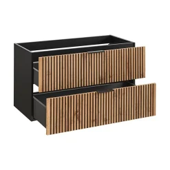 Meuble sous vasque KINOKO 2 tiroirs Finition lattes bois naturel et noir L100 x P46 x H57 cm Meuble suspendu