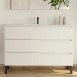 Meuble sous vasque seul, 3 tiroirs, 120cm, simple vasque - blanc mat - MATA