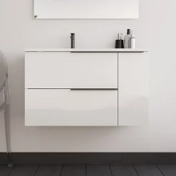 Meuble sous vasque seul, 2 tiroirs et 1 porte, 80cm, vasque déportée à gauche, blanc laqué - KING