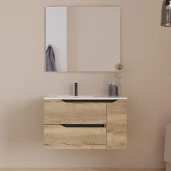 Meuble sous vasque seul, 2 tiroirs et 1 porte, 80cm, vasque déportée gauche - madera miel (bois clair) - ZARZA