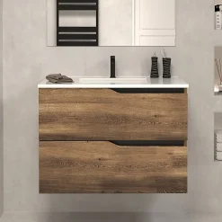 Meuble sous vasque seul, 2 tiroirs, 60cm, simple vasque - tabaco (chêne foncé) - LUNA