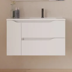 Meuble sous vasque seul, 2 tiroirs et 1 porte, 80cm, vasque déportée droite - blanc mat - ZARZA