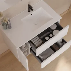 Meuble sous vasque seul, 2 tiroirs et 1 porte, 80cm, vasque déportée droite - blanc mat - ZARZA