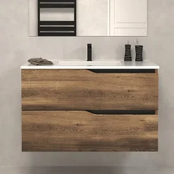 Meuble sous vasque seul, 2 tiroirs, 80cm, simple vasque - tabaco (chêne foncé) - LUNA
