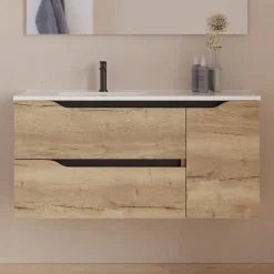 Meuble sous vasque seul, 2 tiroirs et 1 porte, 100cm, vasque déportée gauche - madera miel (bois clair) - ZARZA