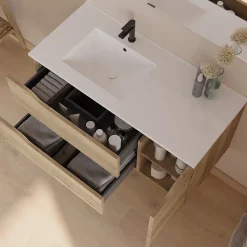 Meuble sous vasque seul, 2 tiroirs et 1 porte, 100cm, vasque déportée gauche - madera miel (bois clair) - ZARZA