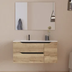 Meuble sous vasque seul, 2 tiroirs et 1 porte, 100cm, vasque déportée gauche - madera miel (bois clair) - ZARZA
