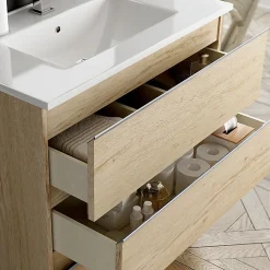 Meuble sous vasque seul, 3 tiroirs, 80cm, simple vasque - bambou (chêne clair) - PALMA