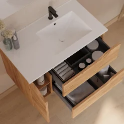 Meuble sous vasque seul, 2 tiroirs et 1 porte, 80cm, vasque déportée droite - roble (bois clair) - ZARZA