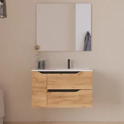 Meuble sous vasque seul, 2 tiroirs et 1 porte, 80cm, vasque déportée droite - roble (bois clair) - ZARZA
