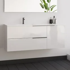 Meuble sous vasque seul, 2 tiroirs et 1 porte, 120cm, vasque déportée à gauche, blanc laqué - KING