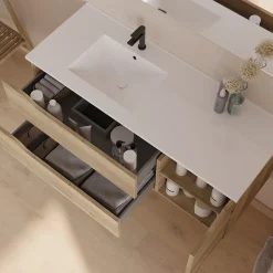 Meuble sous vasque seul, 2 tiroirs et 1 porte, 120cm, vasque déportée gauche - madera miel (bois clair) - ZARZA