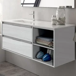 Meuble sous vasque seul, 2 tiroirs et 2 niches, 120cm, vasque déportée à gauche - hibernian (bois blanchi) - OLYMPE