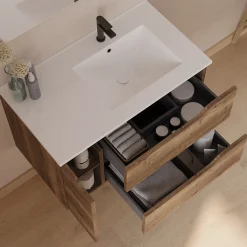 Meuble sous vasque seul, 2 tiroirs et 1 porte, 80cm, vasque déportée droite - tabaco (bois foncé) - ZARZA