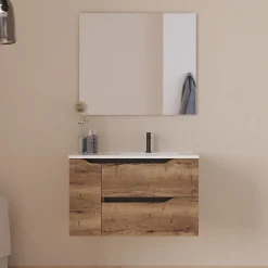 Meuble sous vasque seul, 2 tiroirs et 1 porte, 80cm, vasque déportée droite - tabaco (bois foncé) - ZARZA