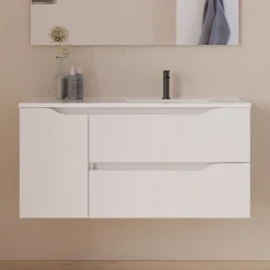 Meuble sous vasque seul, 2 tiroirs et 1 porte, 100cm, vasque déportée droite - blanc mat - ZARZA