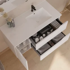 Meuble sous vasque seul, 2 tiroirs et 1 porte, 100cm, vasque déportée droite - blanc mat - ZARZA