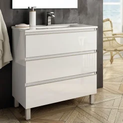 Meuble sous vasque seul, 3 tiroirs, 80cm, simple vasque - blanc laqué - PALMA