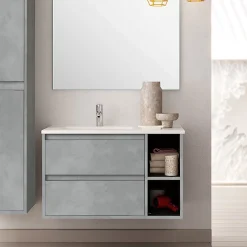 Meuble sous vasque seul, 2 tiroirs et 2 niches, 80cm, vasque déportée à gauche - ciment (gris) - OLYMPE
