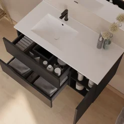 Meuble sous vasque seul, 2 tiroirs et 1 porte, 100cm, vasque déportée gauche - noir - ZARZA
