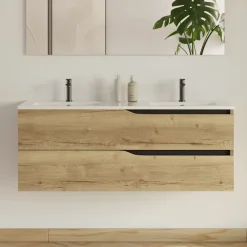 Meuble sous vasque seul, 2 tiroirs, 120cm, double vasque - madera miel (chêne clair) - LUNA