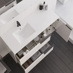Meuble sous vasque seul, 2 tiroirs et 1 porte, 100cm, vasque déportée à gauche, blanc laqué - KING
