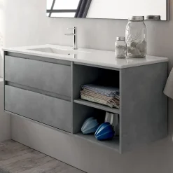Meuble sous vasque seul, 2 tiroirs et 2 niches, 120cm, vasque déportée à gauche - ciment (gris) - OLYMPE