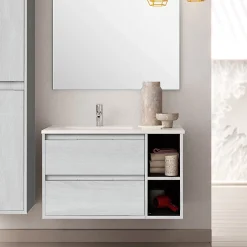 Meuble sous vasque seul, 2 tiroirs et 2 niches, 80cm, vasque déportée à gauche - hibernian (bois blanchi) - OLYMPE