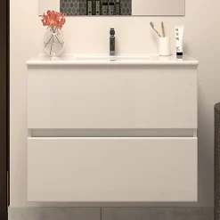 Meuble sous vasque seul, 2 tiroirs, 60cm, simple vasque - blanc brillant - IDA