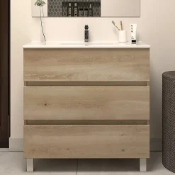 Meuble sous vasque seul, 3 tiroirs, 60cm, simple vasque - nebraska (chêne clair) - MAYOR