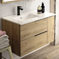 Meuble sous vasque seul, 2 tiroirs et 1 porte, 80cm, vasque déportée à gauche, roble (chêne clair) - KING