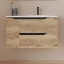 Meuble sous vasque seul, 2 tiroirs et 1 porte, 80cm, vasque déportée droite - madera miel (bois clair) - ZARZA