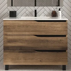 Meuble sous vasque seul, 3 tiroirs, 90cm, simple vasque - tabaco (chêne foncé) - MATA