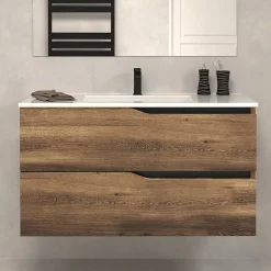 Meuble sous vasque seul, 2 tiroirs, 90cm, simple vasque - tabaco (chêne foncé) - LUNA