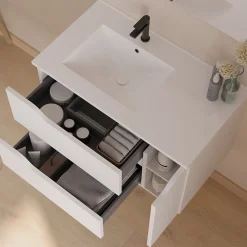 Meuble sous vasque seul, 2 tiroirs et 1 porte, 80cm, vasque déportée gauche - blanc mat - ZARZA