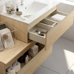 Meuble sous vasque seul, 1 tiroir, 80cm, simple vasque - bambou (chêne clair) - PENA