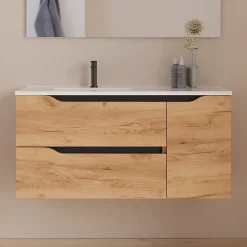 Meuble sous vasque seul, 2 tiroirs et 1 porte, 100cm, vasque déportée gauche - roble (bois clair) - ZARZA